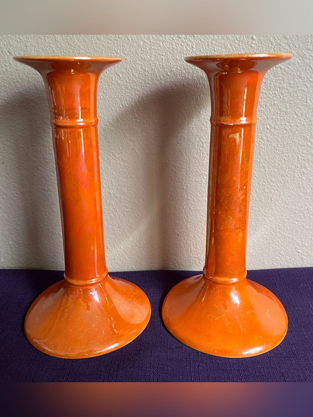 Pair MCM Antique Max Roesler Orange Lusterware Candlesticks - Art Deco Germany